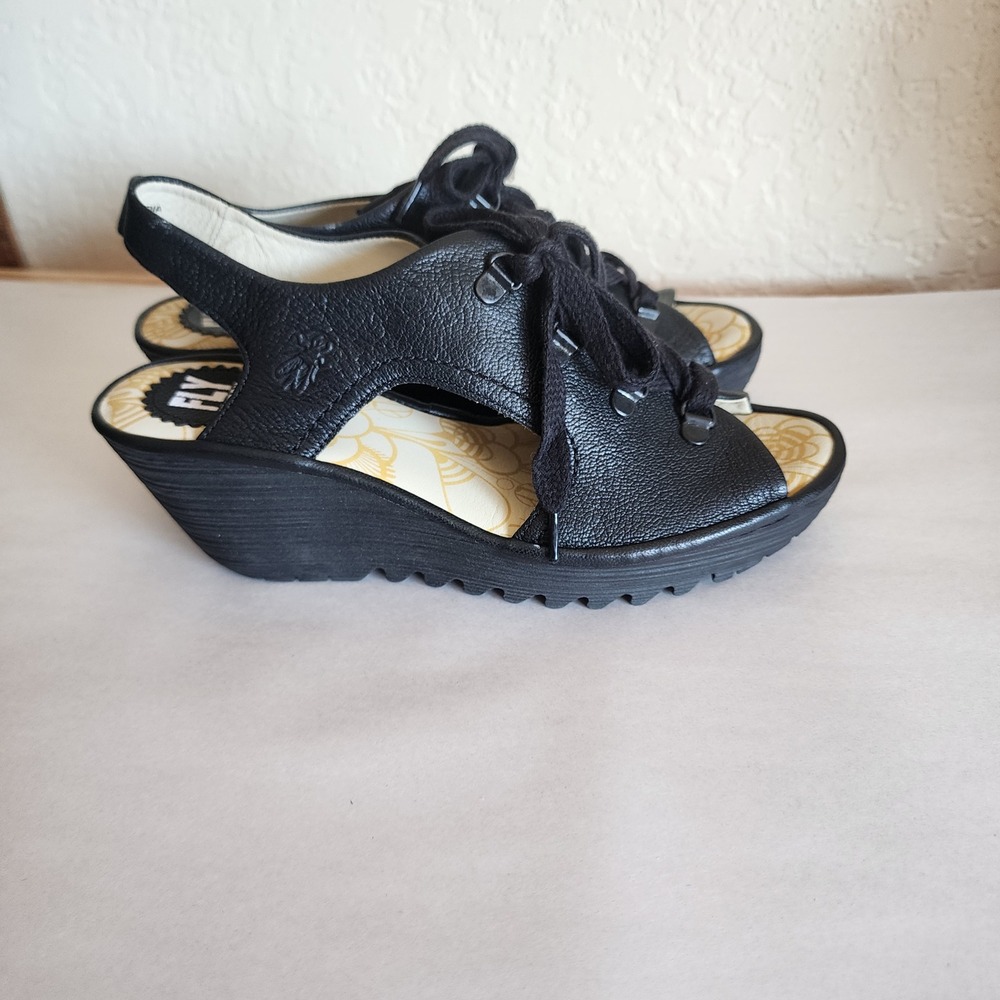 Fly London Yazu Black Leather Lace Up Wedge Sandals Womens 40 US 9-9.5